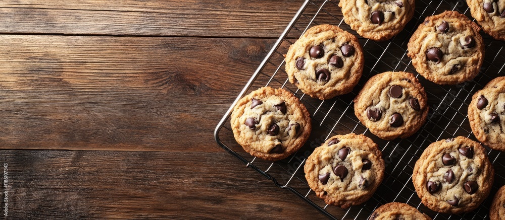 Leinwandbilder Vertical top view of chocolate chip cookies on a wire rack with selective focus on a wooden table featuring copy space