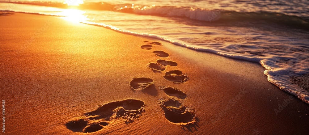 Poster high angle view of footprints on a sandy beach at the shore at sunset with copy space unmodified bro