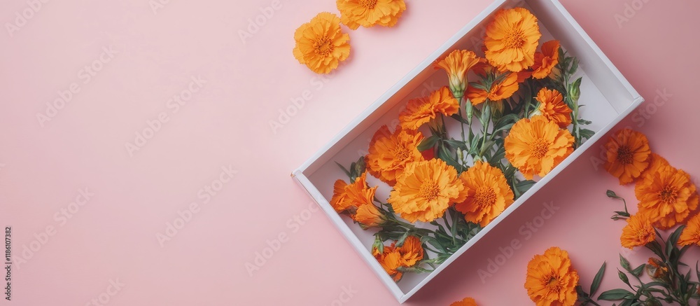 Fototapete white box featuring autumn marigold flowers on a soft pink background area for text inclusion card w