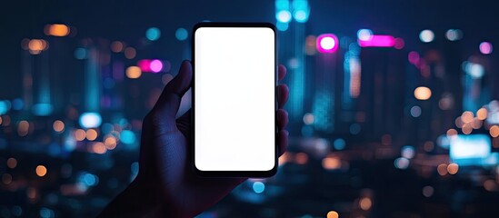 hand holding a blank white screen smartphone with a blurred night cityscape in the background. with copy space image. Place for adding text or design