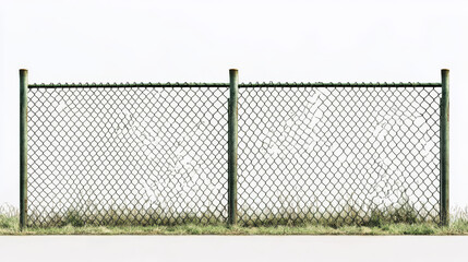 Wire fence with gates on green grass. Metal chain link mesh, barrier isolated on white background. Rabitz, perimeter protection segments separated with poles, Realistic 3d vector illustration