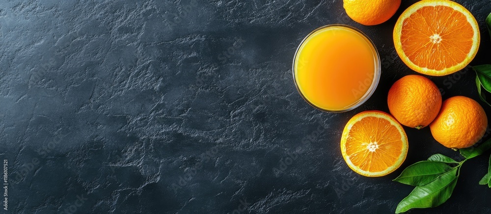 Aufkleber tasty orange juice and fresh fruits on a black table top view room for text. with copy space image. 