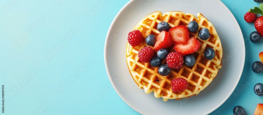 Fototapete tasty dessert waffle topped with fruit. with copy space image. place for adding text or design