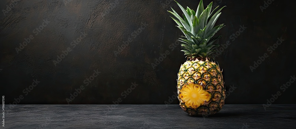Aufkleber pineapple on a black stone surface rustic backdrop. with copy space image. place for adding text or 