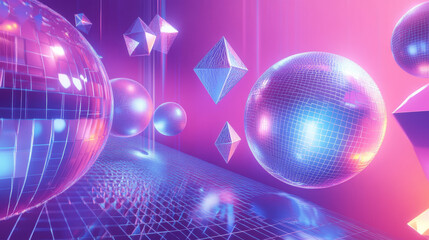 Set of retro futuristic y2k geometric posters. Vector realistic illustration of trendy retrowave flyers with 3D wireframe globe, torus, diamond shape elements and text on mesh landscape background