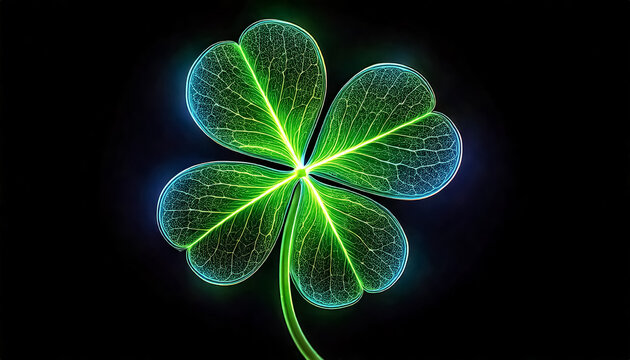 colorful glowing neon green four leaf clover, dark background