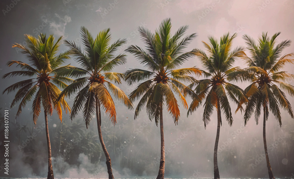 Aufkleber Row of palm trees with some of them having brown leaves. The trees are in a forest