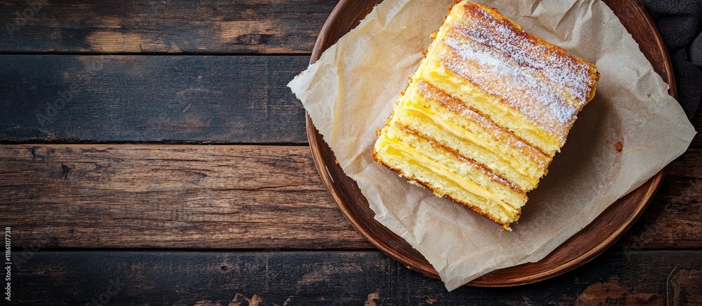 Leinwandbilder a piece of cake with biscuit cream a sweet dessert featuring layers of vanilla curd ready to cook an