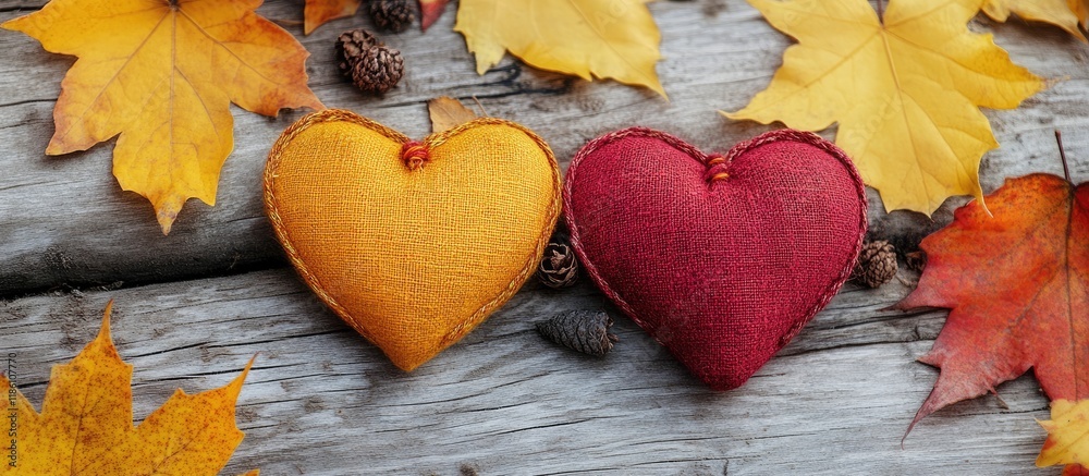 Poster two handmade cloth hearts wedding invitation card for valentine s day fall scenery. with copy space 