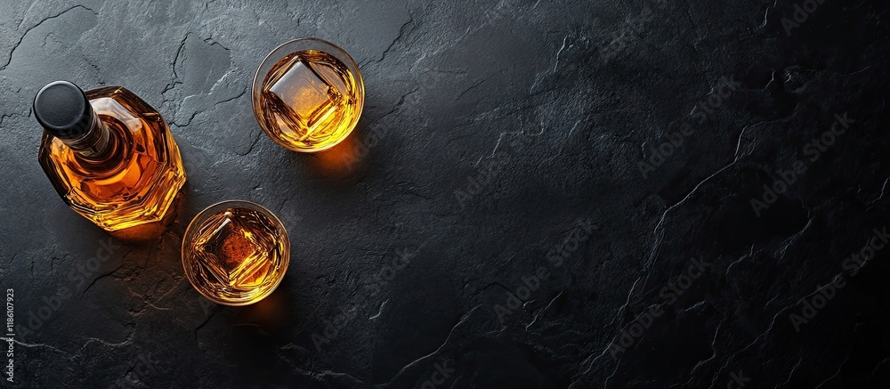 Aufkleber Scotch whiskey or whisky in a bottle and glass isolated on a black stone or dark background from above. with copy space image. Place for adding text or design