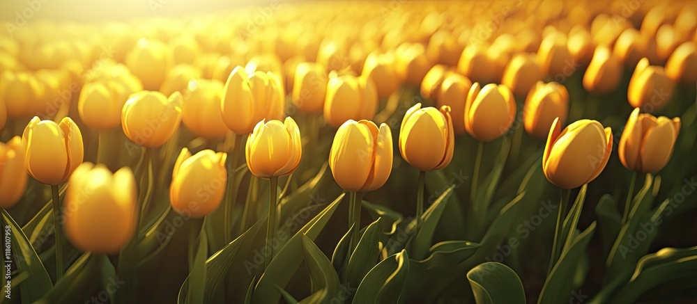 Leinwandbilder Rows of yellow tulips in the countryside of the Netherlands. with copy space image. Place for adding text or design