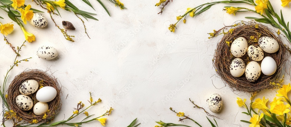 Aufkleber easter background featuring a border of willow branches and narcissus along with quail eggs in a nes