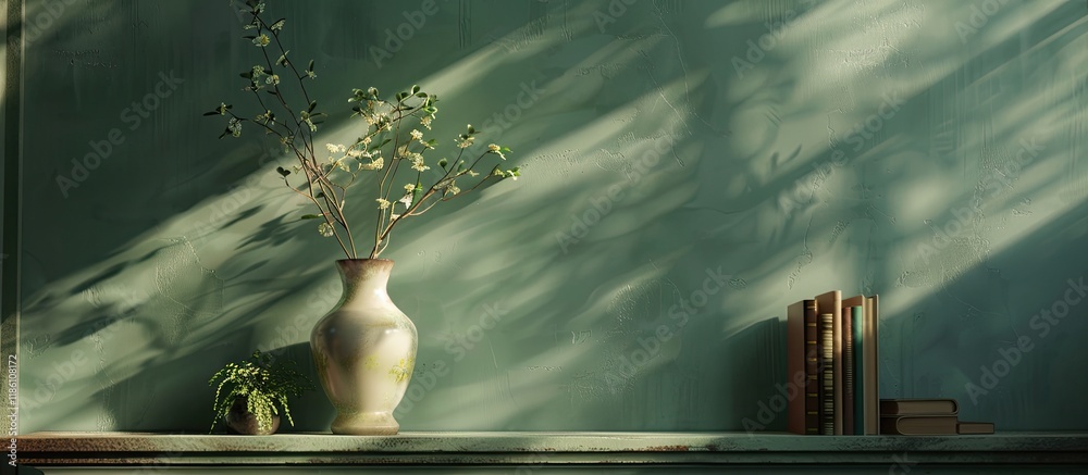 Poster fireplace mantle featuring a vase and a plant. with copy space image. place for adding text or desig