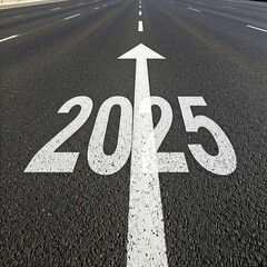 straight asphalt road with "2025" painted and an upward arrow, symbolizing progress and business goals. Free space for text, ideal for reports, ads, and motivational designs.