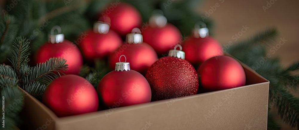 Fototapete abstract christmas background red christmas tree ornaments in a box getting ready to decorate a chri