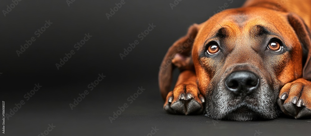 Poster dog rests with a sorrowful expression. with copy space image. Place for adding text or design
