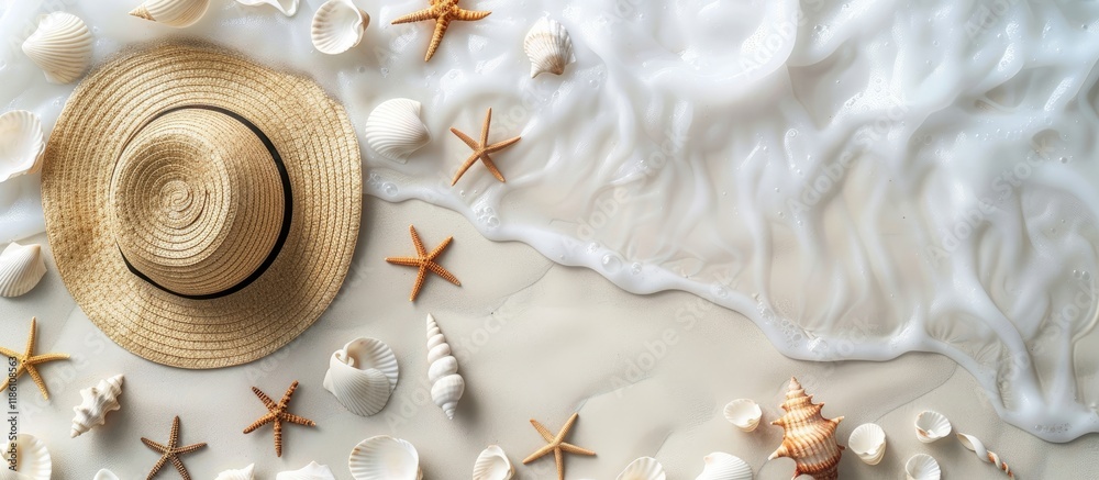 Poster The idea of a seaside vacation Shells stars a straw hat on white sand Background for summer holidays with text space Top view. with copy space image. Place for adding text or design