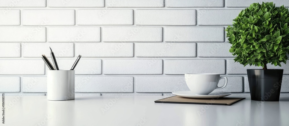 Poster Close up of a business office desk featuring a pen a board and coffee in front of an empty white brick textured wall. with copy space image. Place for adding text or design
