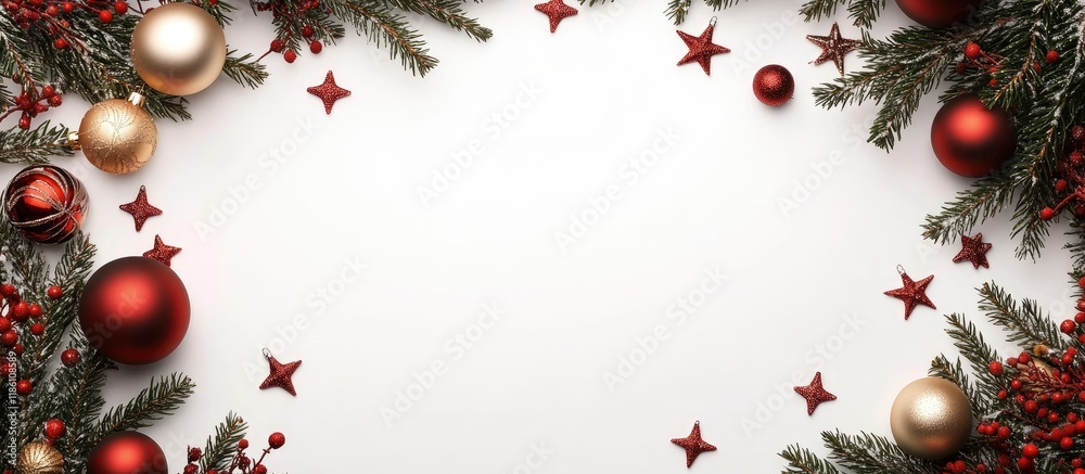 Leinwandbilder Christmas arrangement Circular frame of Christmas tree branches with red and gold ornaments on a white background featuring red sparkly stars Flat lay top view copyspace