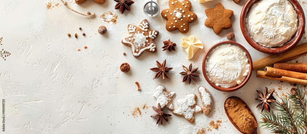 Poster christmas baking backdrop ingredients for holiday baking on a light background top view with copy sp