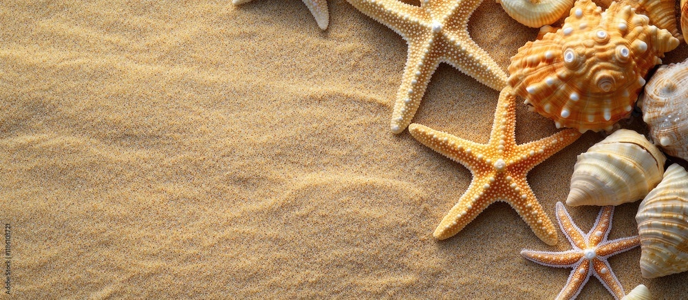 Poster Starfish on a sandy background starfish border. with copy space image. Place for adding text or design