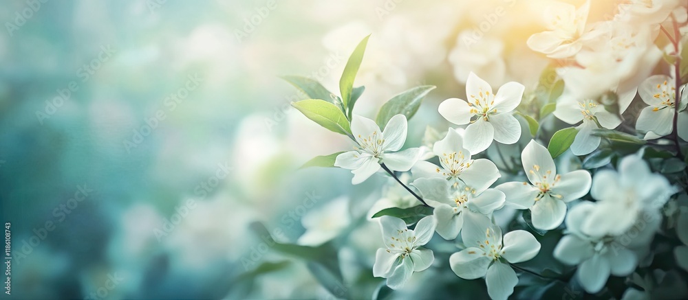 Aufkleber white flowers blooming in spring natural vintage backdrop. with copy space image. place for adding t