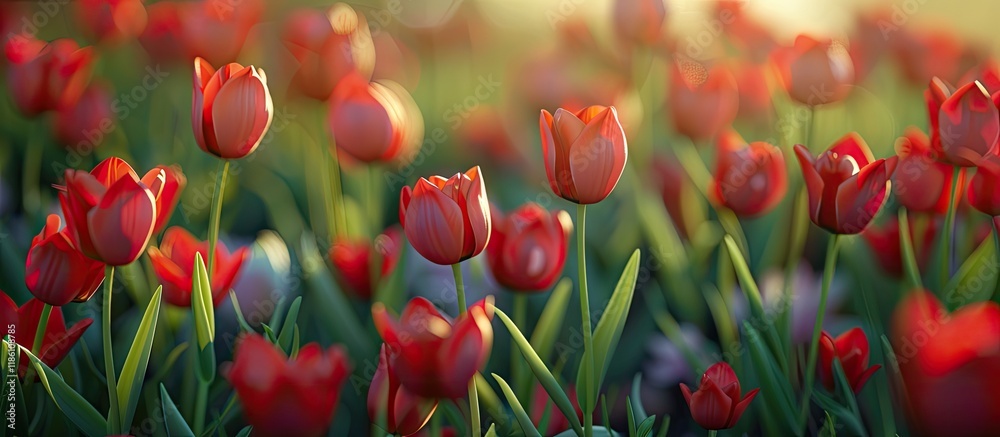 Leinwandbilder close up of red tulips blossoming in a flowerbed. with copy space image. place for adding text or de
