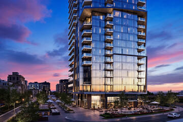 Fototapeta premium Apartment Building at Sunset with Glass Facade and Outdoor Spaces