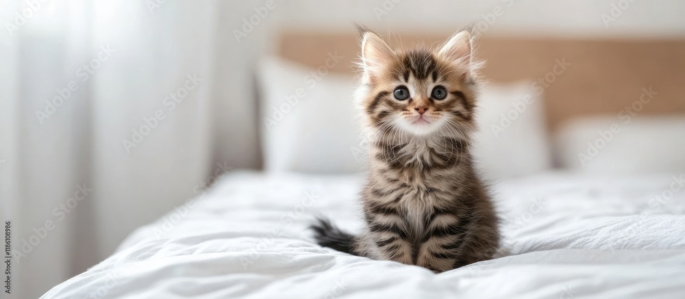 Poster A lovely adorable Siberian kitten sits on the bed gazing at the camera. with copy space image. Place for adding text or design