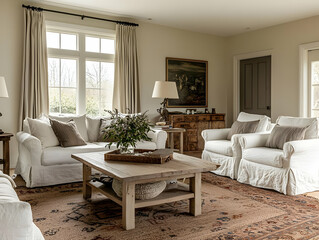 Fototapeta premium Comfortable, light-filled living room with simple furniture and a cozy coffee table that invites relaxation.