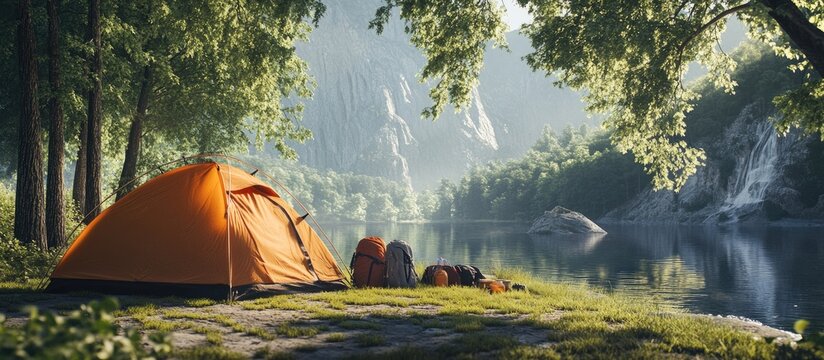 Contemporary camping tent and gear by the riverside Room for text. with copy space image. Place for adding text or design