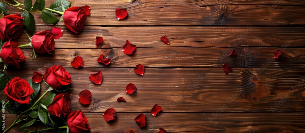 Poster red roses on a wooden backdrop valentine s day mother s day. with copy space image. place for adding