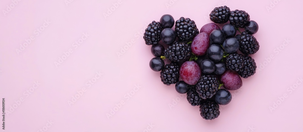 Poster a heart shaped arrangement of blackberries and black grapes on a pink backdrop simple flat lay desig