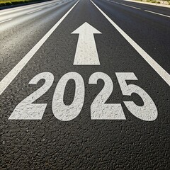 straight asphalt road with "2025" painted and an upward arrow, symbolizing progress and business goals. Free space for text, ideal for reports, ads, and motivational designs.