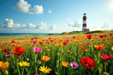 A field of wildflowers stretches towards a distant lighthouse, wildflowers, natural, countryside