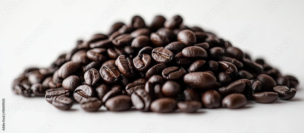 Leinwandbilder Dark coffee Pile of dark coffee beans on a white surface Close up shot Selective focus. with copy space image. Place for adding text or design