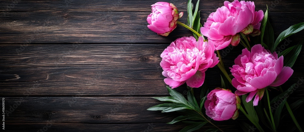 Aufkleber a bunch of pink peonies on a dark wooden surface. with copy space image. place for adding text or de