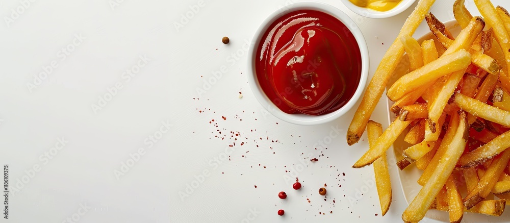 Poster close up image of french fries accompanied by pepper ketchup and mustard on a white surface. with co