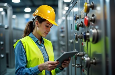 Female engineer inspects water quality in food production plant. Uses tablet pc to control equipment in factory. Food production facility shows modern tech. Engineer wears protective equipment.