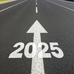 straight asphalt road with "2025" painted and an upward arrow, symbolizing progress and business goals. Free space for text, ideal for reports, ads, and motivational designs.