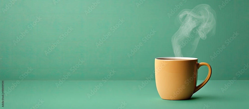 Leinwandbilder coffee cup with steam on a green background. with copy space image. place for adding text or design