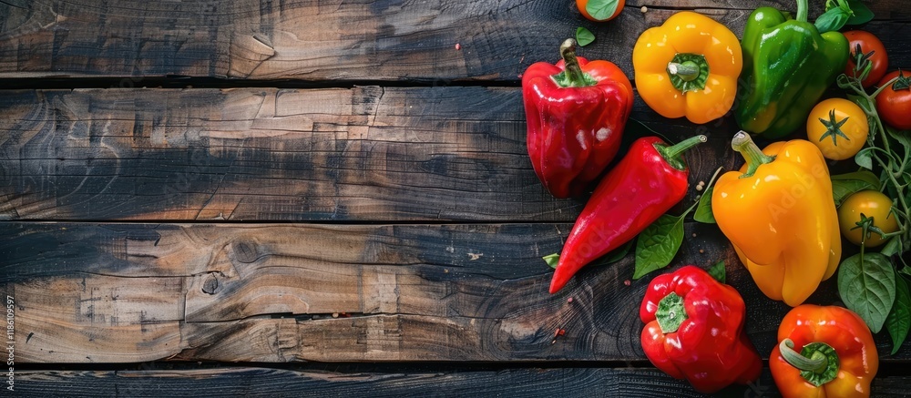 Fototapete vibrant peppers on a wooden surface. with copy space image. place for adding text or design