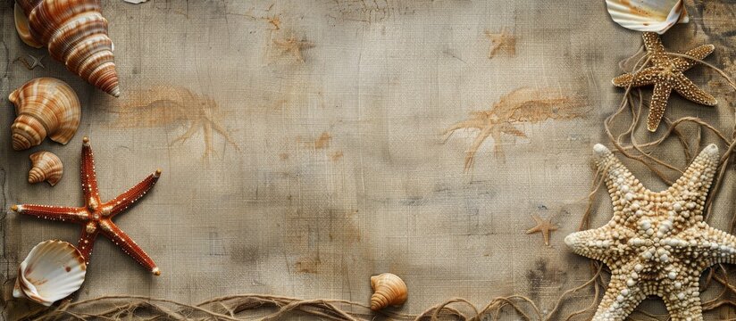 Reverse side of an antique photo print featuring a decorative border with a sea star and seashells on a sackcloth background. with copy space image. Place for adding text or design