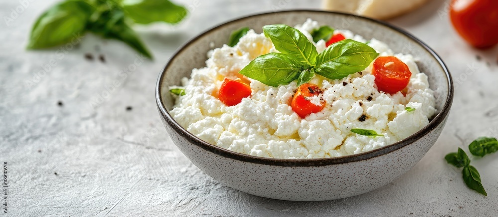 Poster delicious cottage cheese with vegetables presented on a light grey table with text space available f