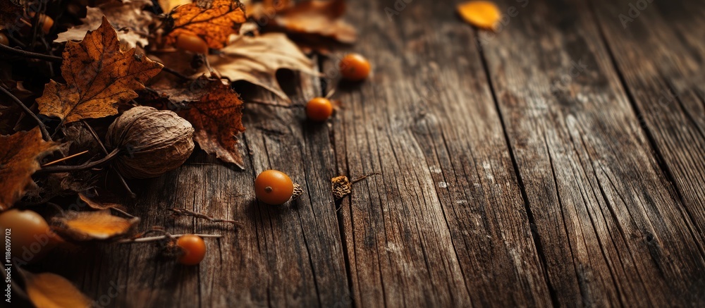 Leinwandbilder Autumn backdrop featuring dry Fall decorations on wood Side view toned image emphasizing the decorations Area for your text. with copy space image. Place for adding text or design