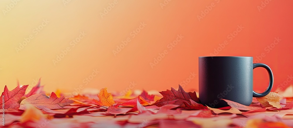 Poster autumn backdrop featuring a coffee mug and leaves comfortable fall arrangement side view copy space