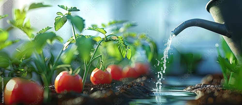 Poster watering a seedling tomato plant in a greenhouse garden. with copy space image. place for adding tex