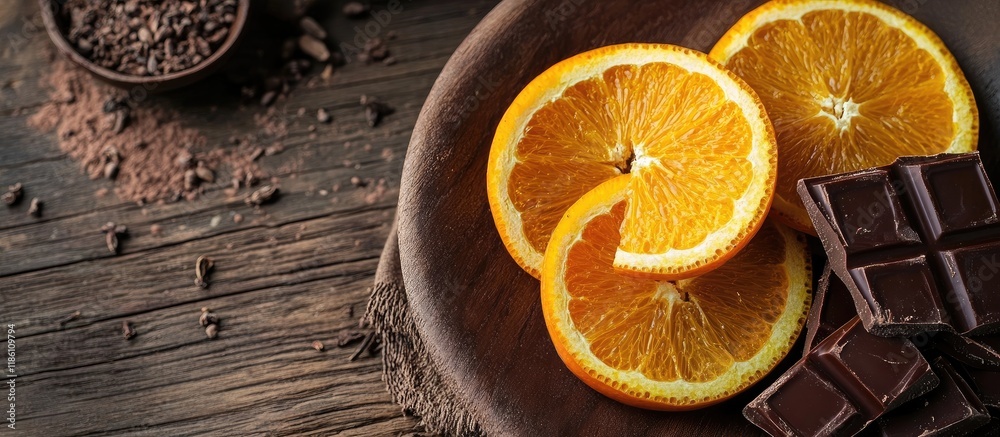 Leinwandbilder orange slices covered in chocolate on a plate placed on a wooden surface ground cloves. with copy sp
