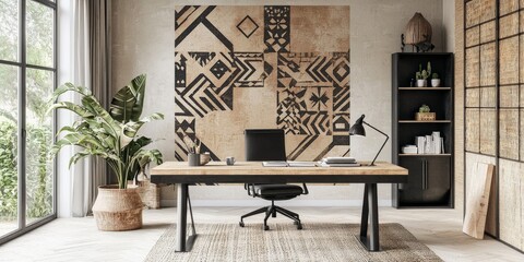 Tribal wallpaper with bold geometric shapes in earthy tones in a creative workspace