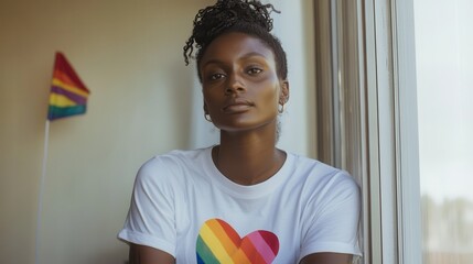 Portrait of a Black woman on a windowsill, wearing a rainbow heart t-shirt, thoughtful expression, pride flag in background.